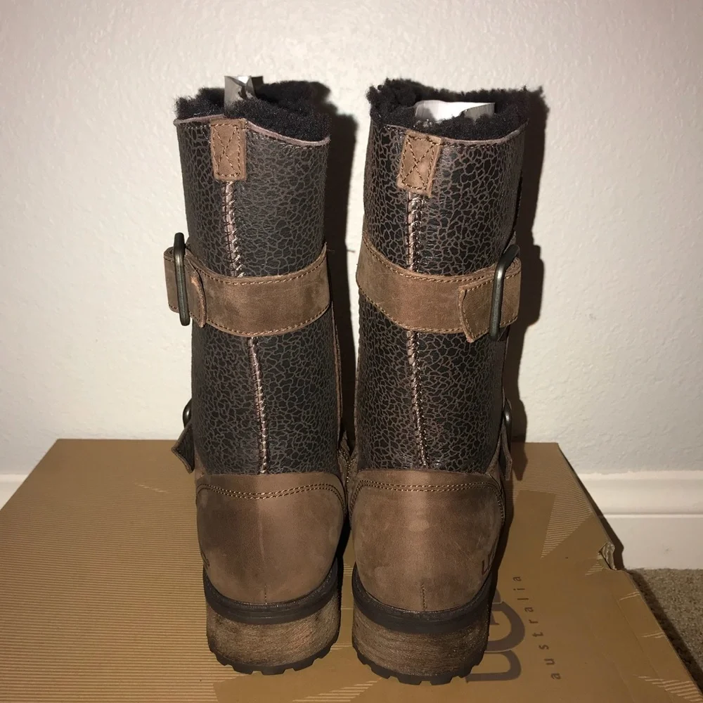 UGG Brown Leather Mid-Calf Shearling-Lined Boots with Buckle